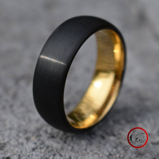 Black Brushed 8mm Tungsten Ring with Gold Inner Band - Tungsten Titans