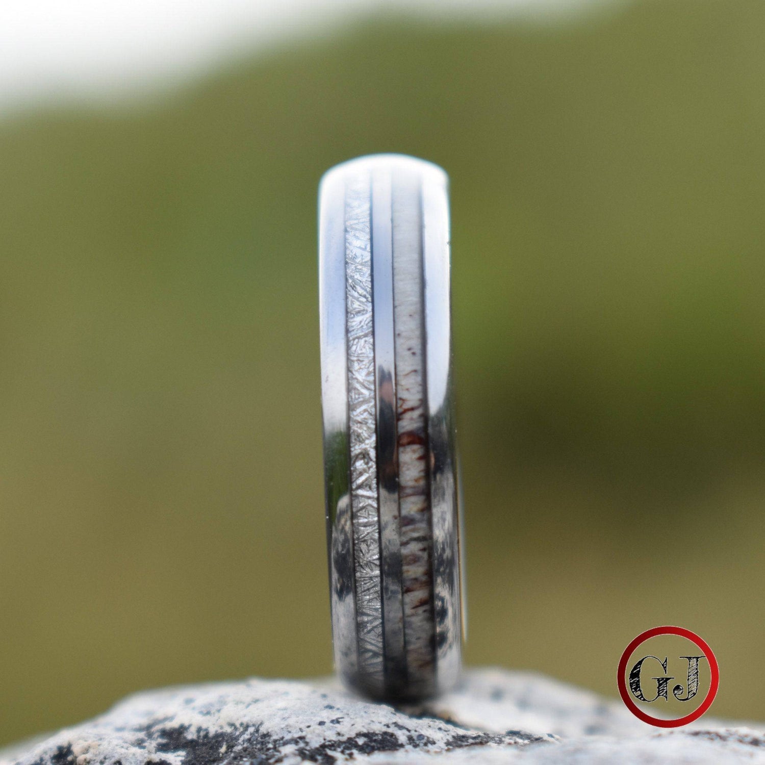 Silver Tungsten 6mm Ring with Deer Antler and Meteorite - Tungsten Titans