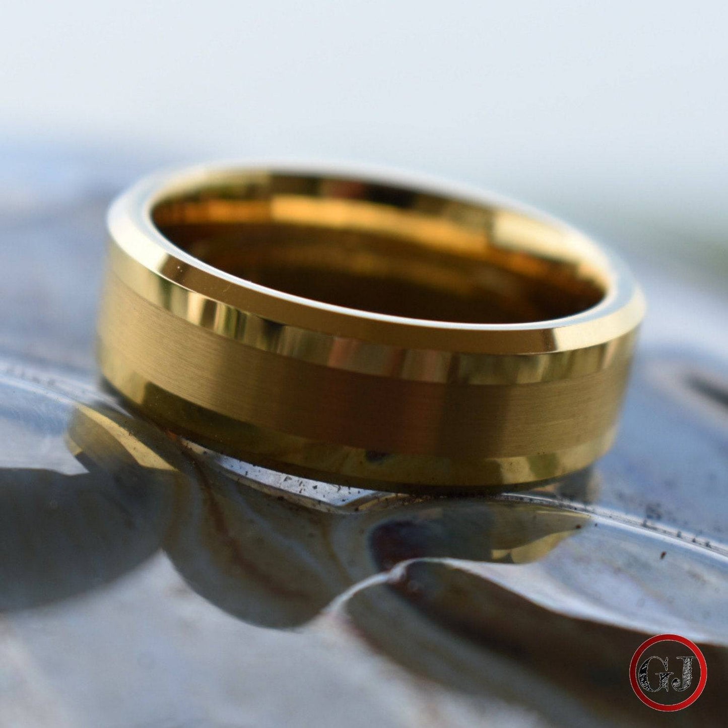Tungsten 8mm Brushed Gold Ring with High Polished Edges - Tungsten Titans