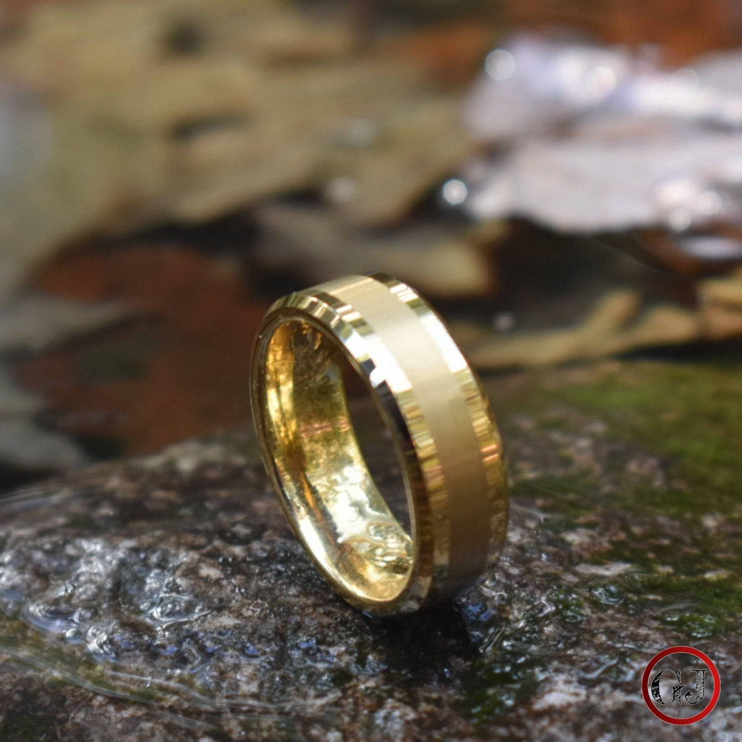 Tungsten 8mm Brushed Gold Ring with High Polished Edges - Tungsten Titans