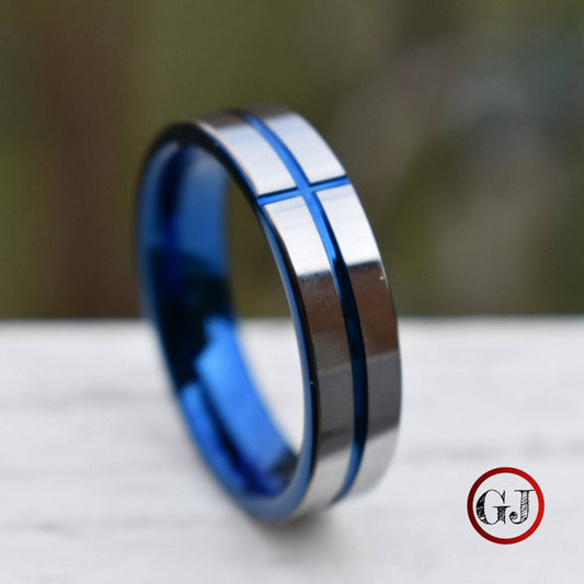 Tungsten 6mm Silver Ring with a Blue Cross and Comfort fit band - Tungsten Titans