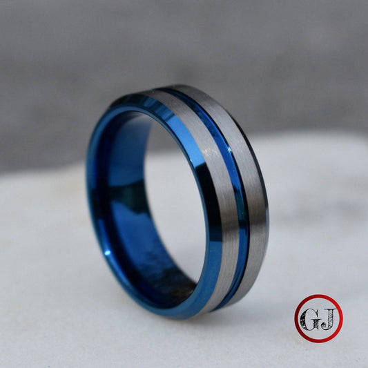 Tungsten 8mm Ring Blue with Silver Accent Stripes - Tungsten Titans