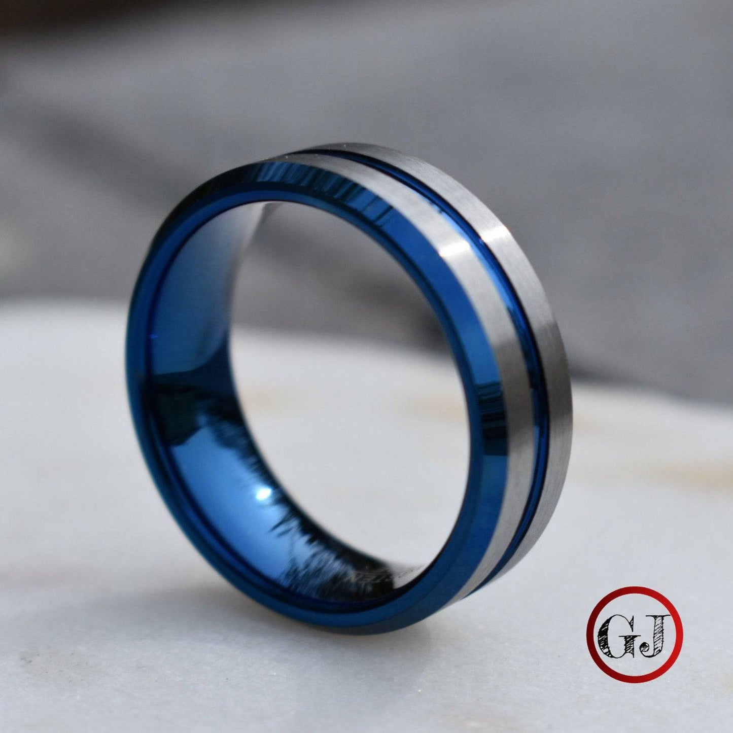 Tungsten 8mm Ring Blue with Silver Accent Stripes - Tungsten Titans