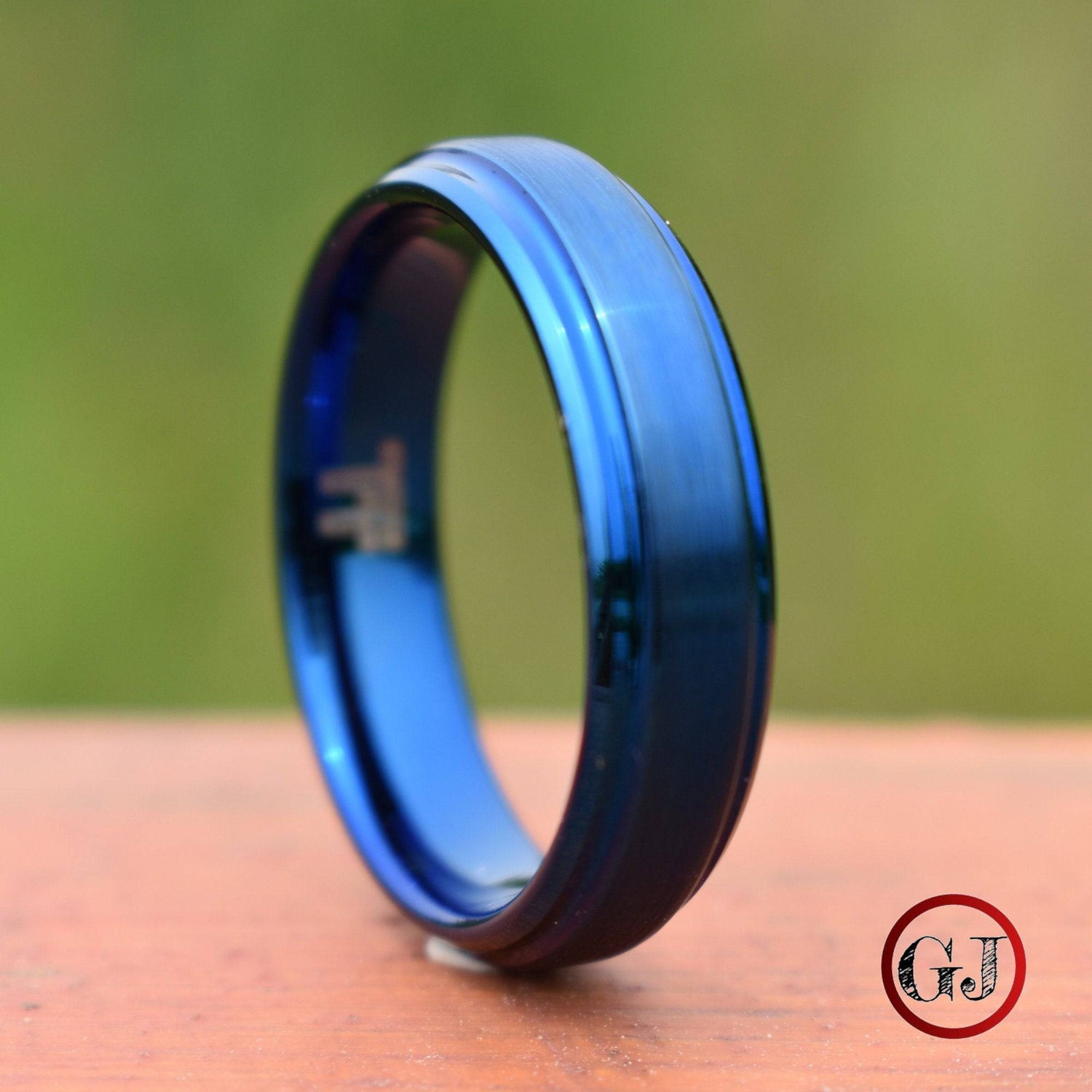 Tungsten Ring Blue 6mm Brushed Center with a Deep Stepped Edge - Tungsten Titans