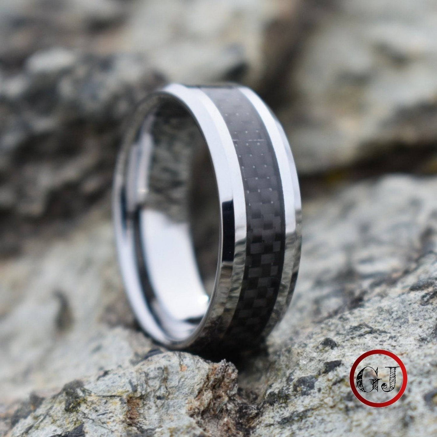 Silver Tungsten Ring with Black Carbon Centre - Tungsten Titans