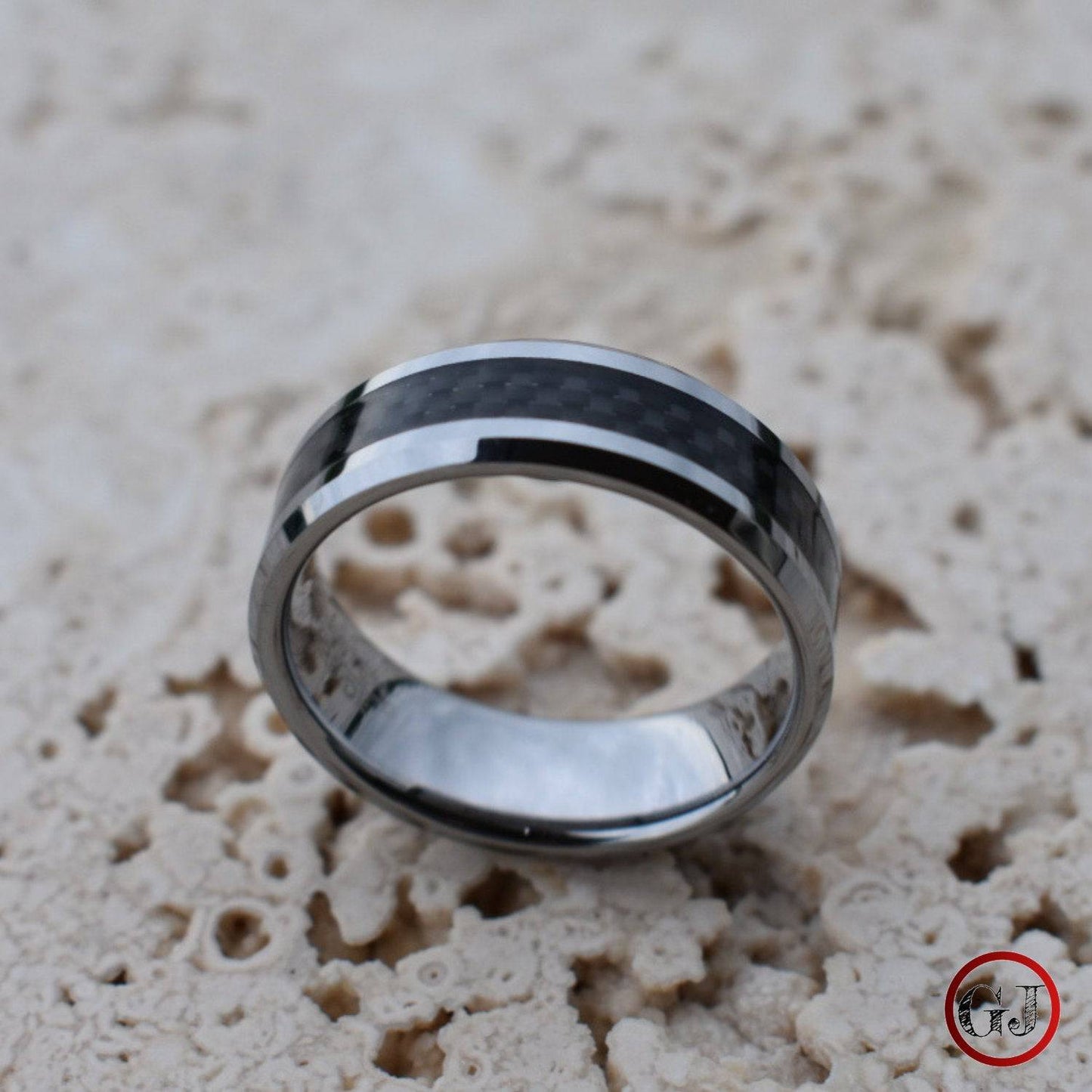 Silver Tungsten Ring with Black Carbon Centre - Tungsten Titans