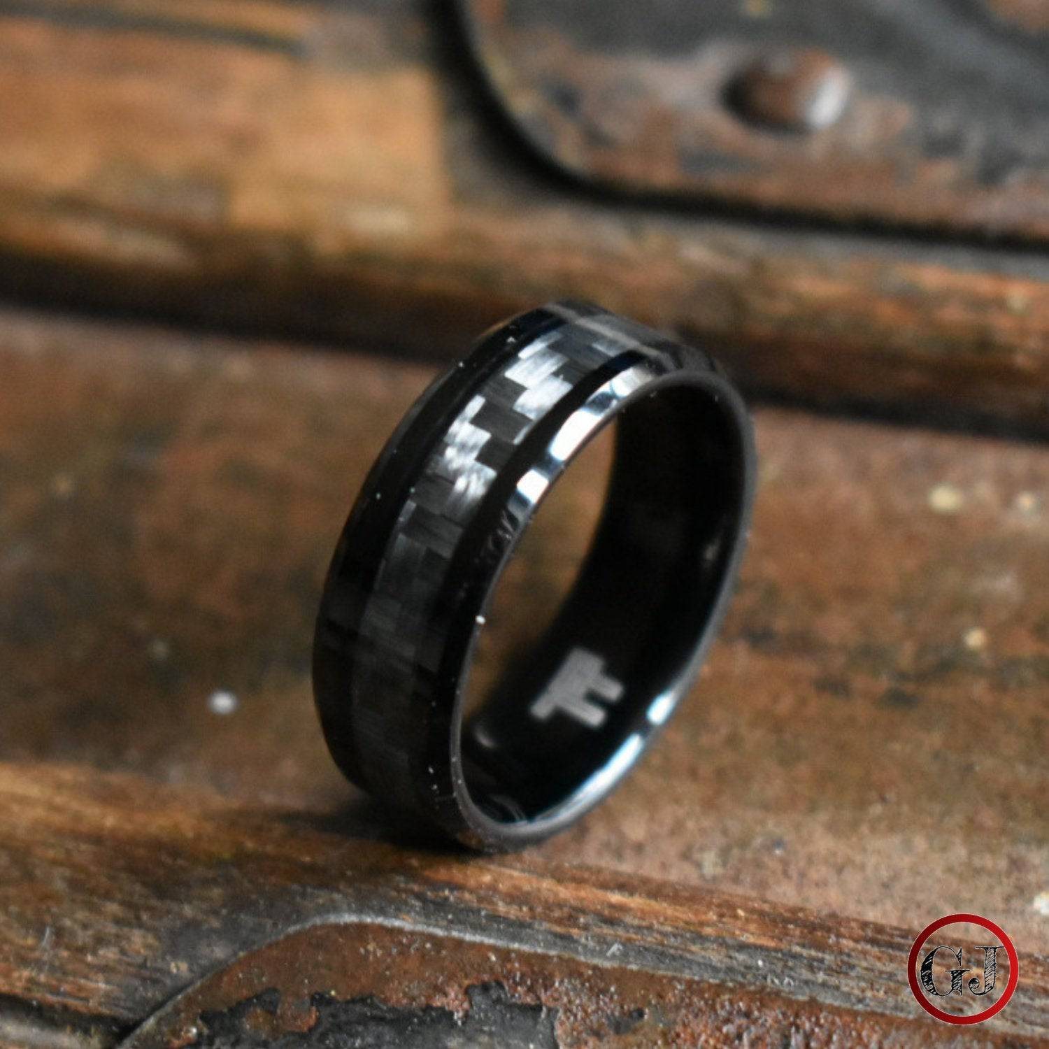 Black 8mm Tungsten Ring with Grey Carbon Centre - Tungsten Titans
