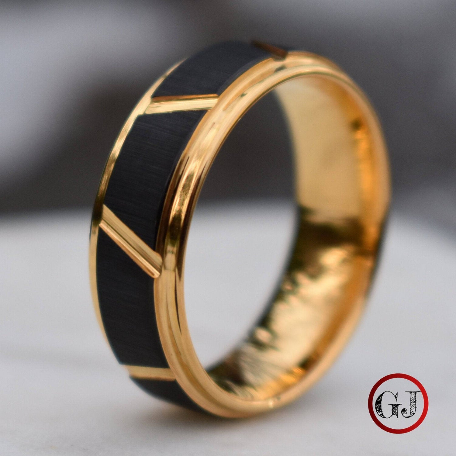 Tungsten 8mm Ring Gold With Raised Black Center Design - Tungsten Titans