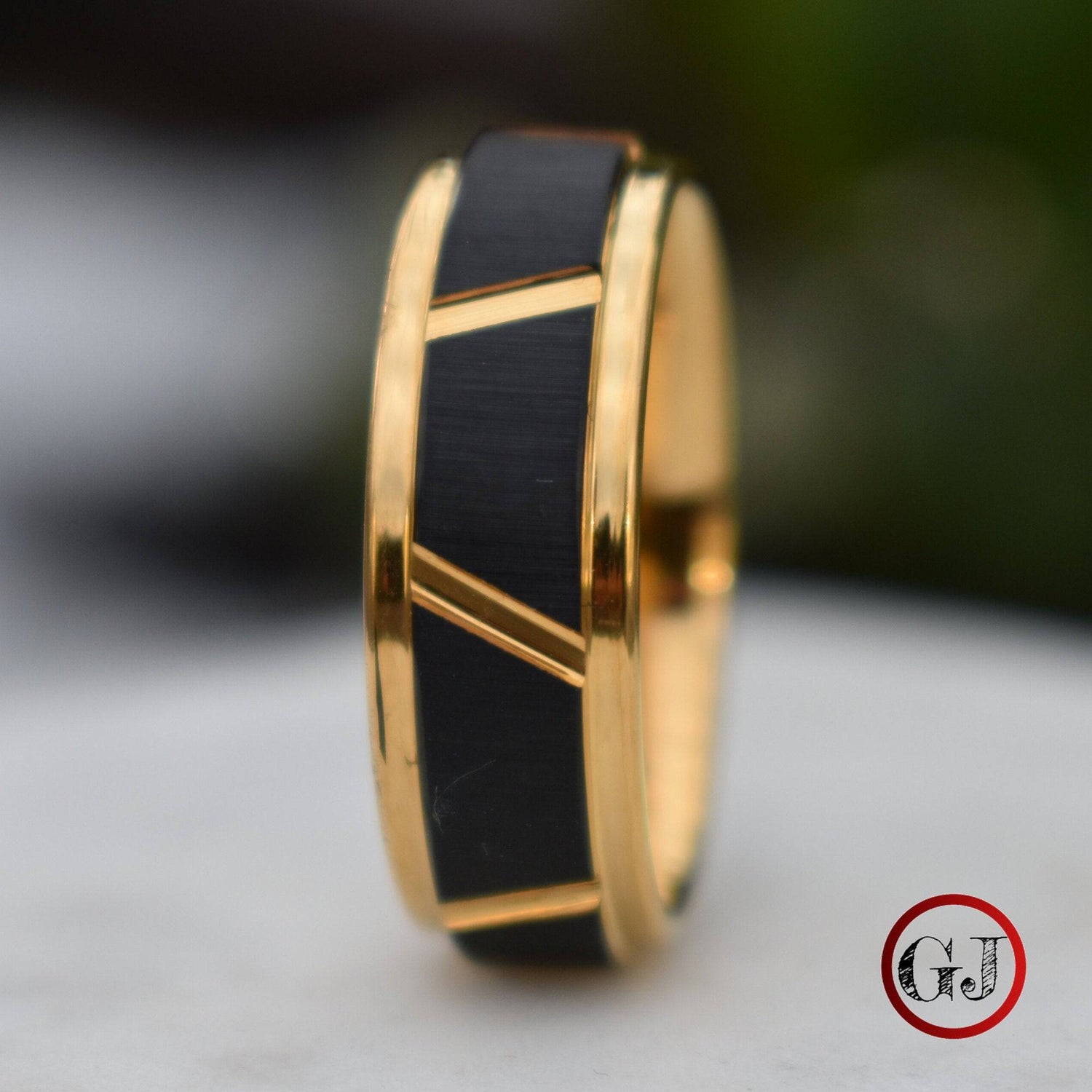 Tungsten 8mm Ring Gold With Raised Black Center Design - Tungsten Titans