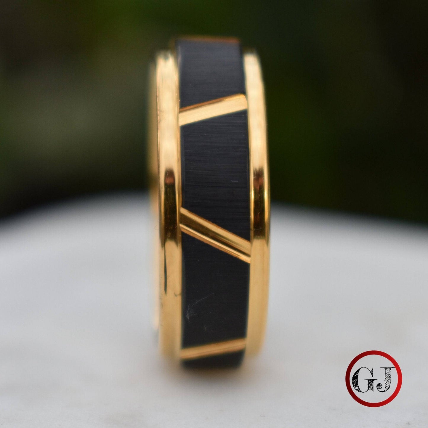 Tungsten 8mm Ring Gold With Raised Black Center Design - Tungsten Titans