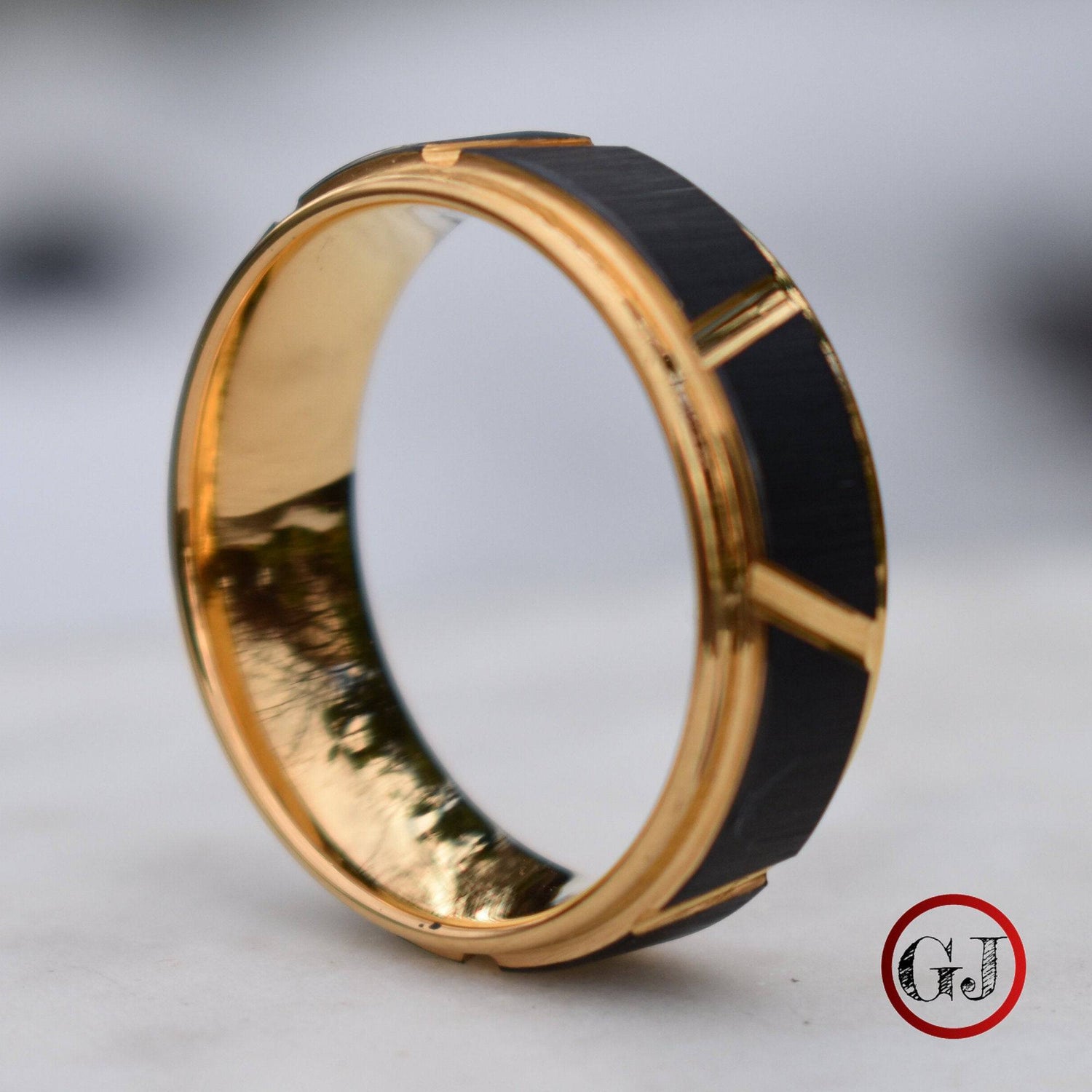 Tungsten 8mm Ring Gold With Raised Black Center Design - Tungsten Titans