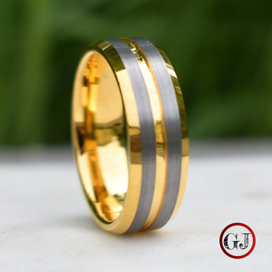 Tungsten 8mm Gold Ring with Brushed Silver Bands - Tungsten Titans