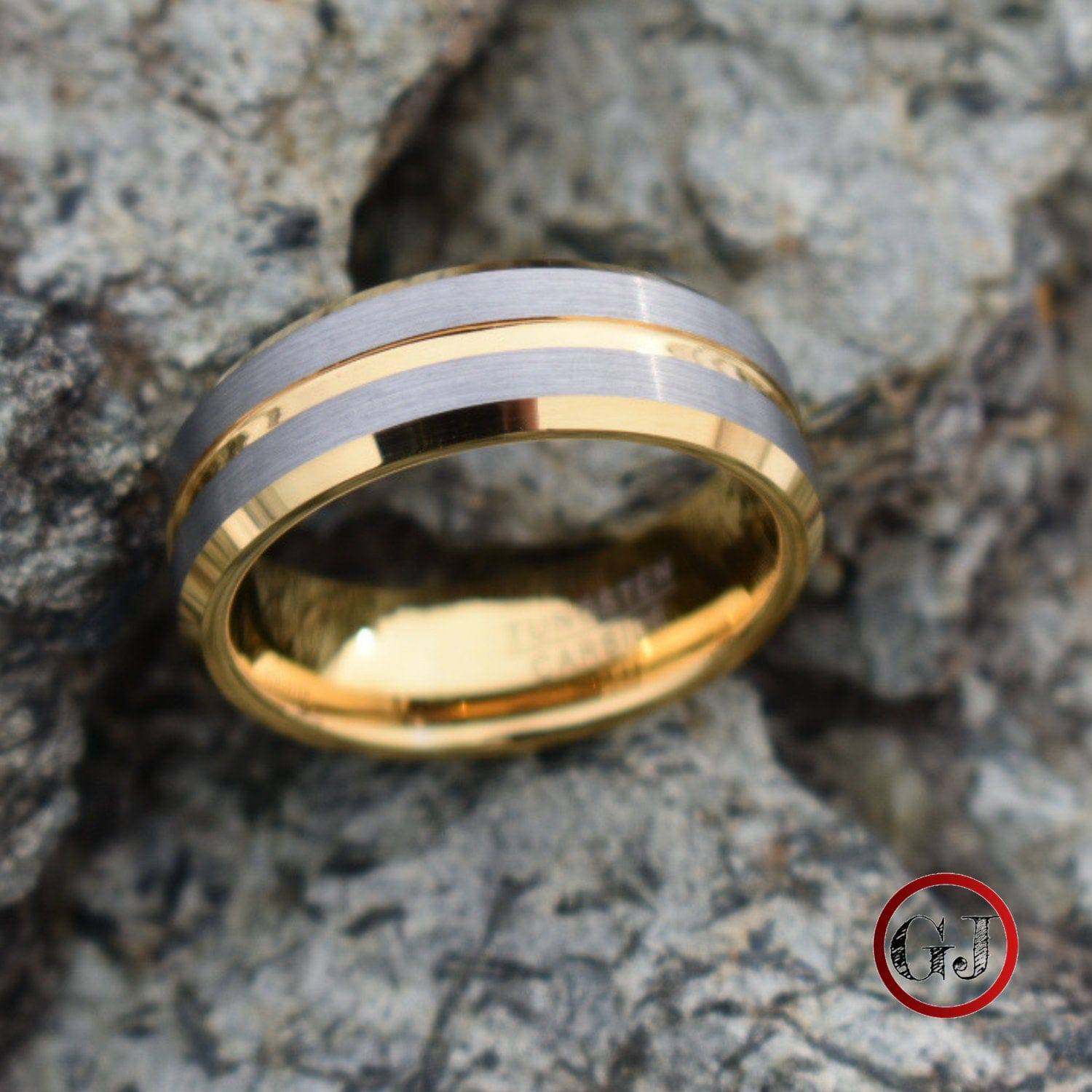 Tungsten 8mm Gold Ring with Brushed Silver Bands - Tungsten Titans