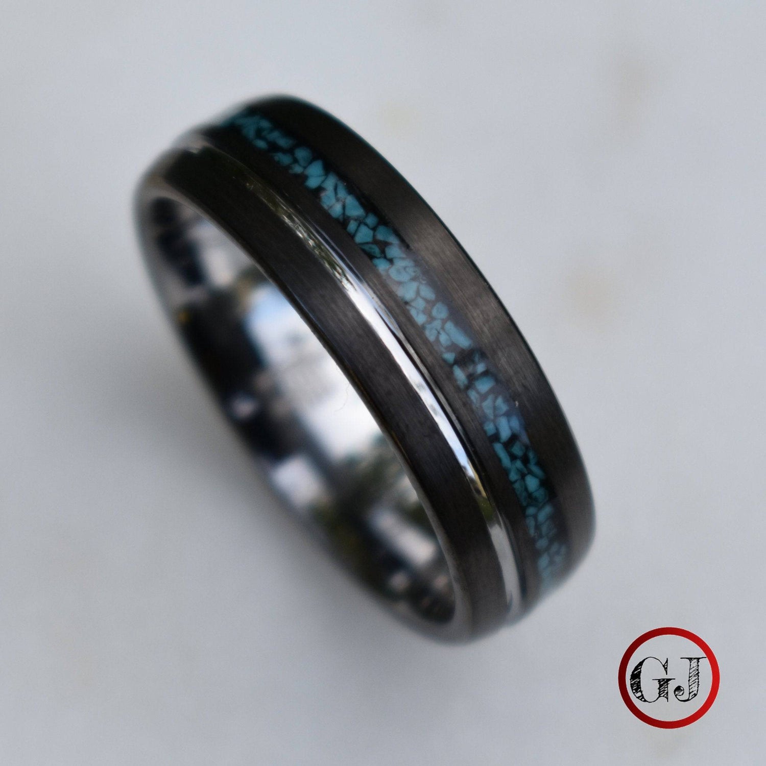 Tungsten 8mm Ring Grey with Silver Accent and Crushed Turquoise - Tungsten Titans
