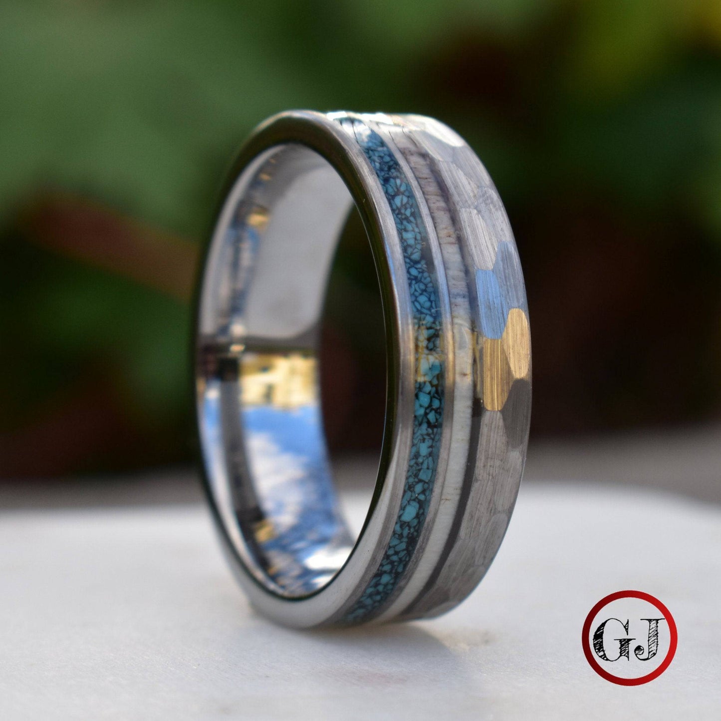 Tungsten 8mm Hammered Ring with Antler and Crushed Turquoise - Tungsten Titans