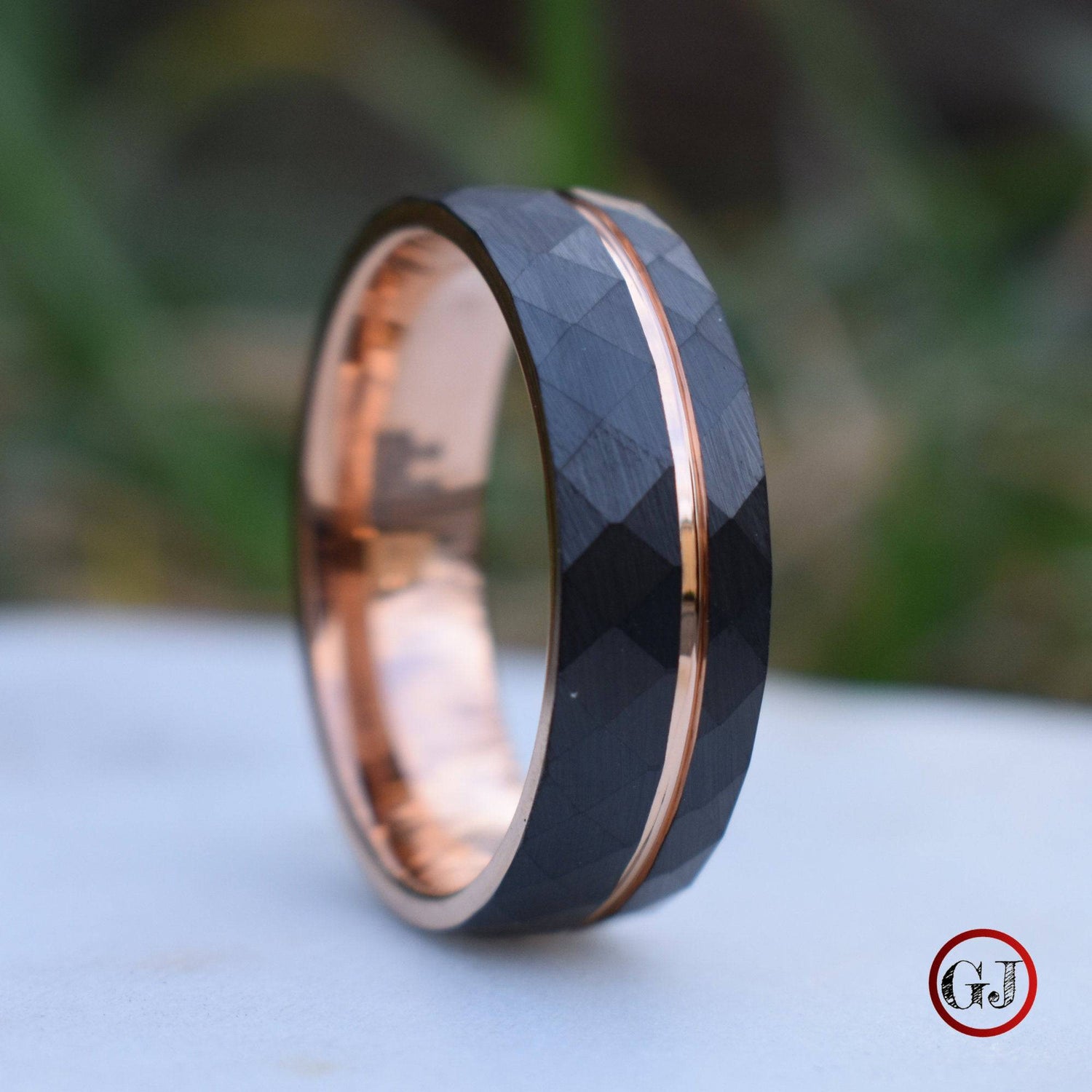 Hammered 8mm Black Tungsten Ring with Rose Gold Accent - Tungsten Titans