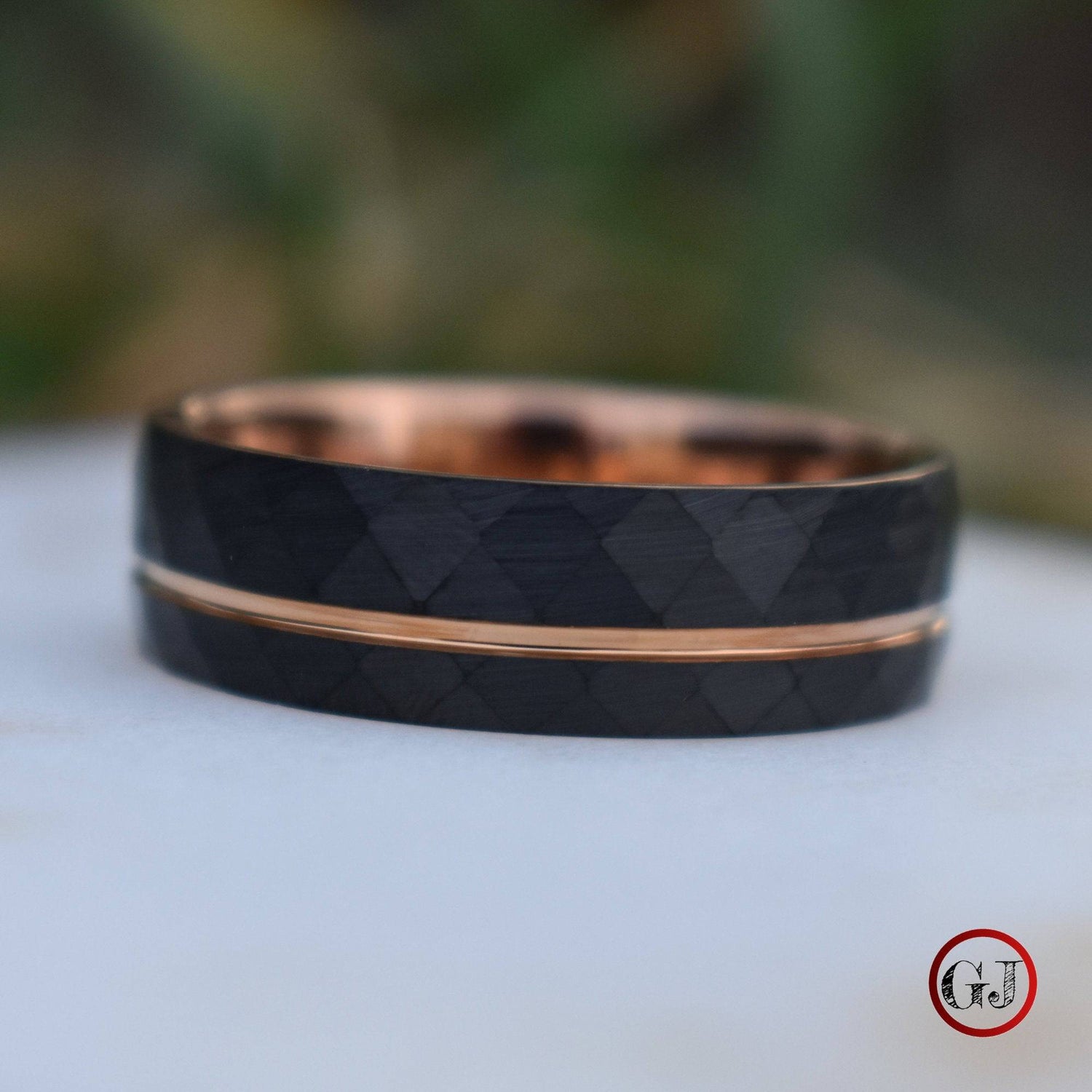 Hammered 8mm Black Tungsten Ring with Rose Gold Accent - Tungsten Titans