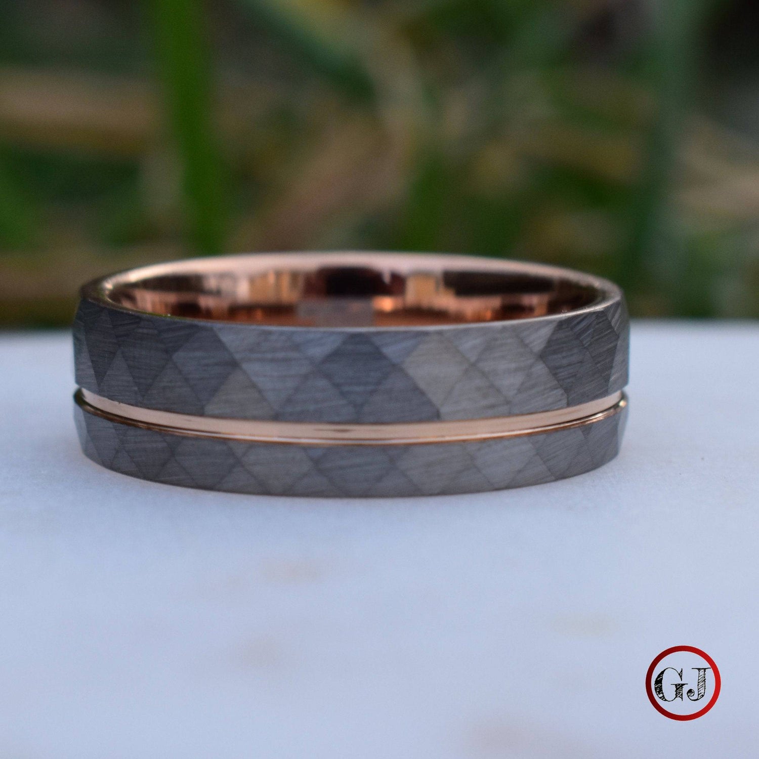 Hammered 8mm Tungsten Ring with Rose Gold Accent - Tungsten Titans