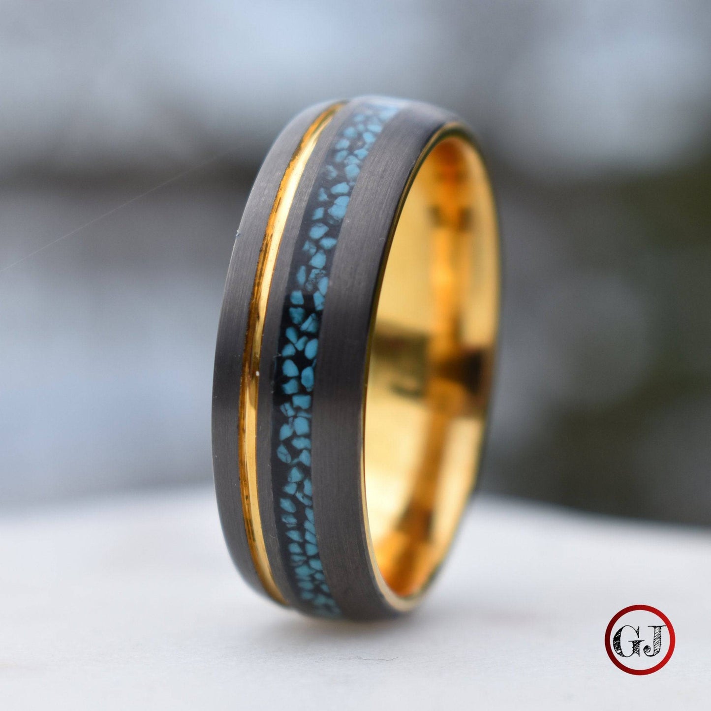 Tungsten 8mm Ring Grey with Gold Accent and Crushed Turquoise - Tungsten Titans