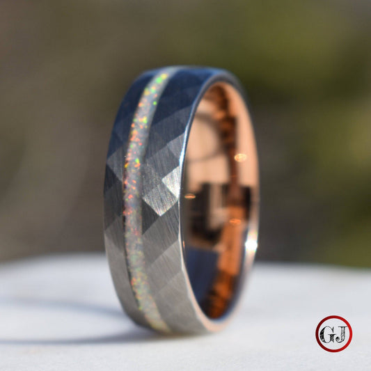 Tungsten 8mm Hammered Ring with Crushed Opal and Rose Gold Inner Band - Tungsten Titans