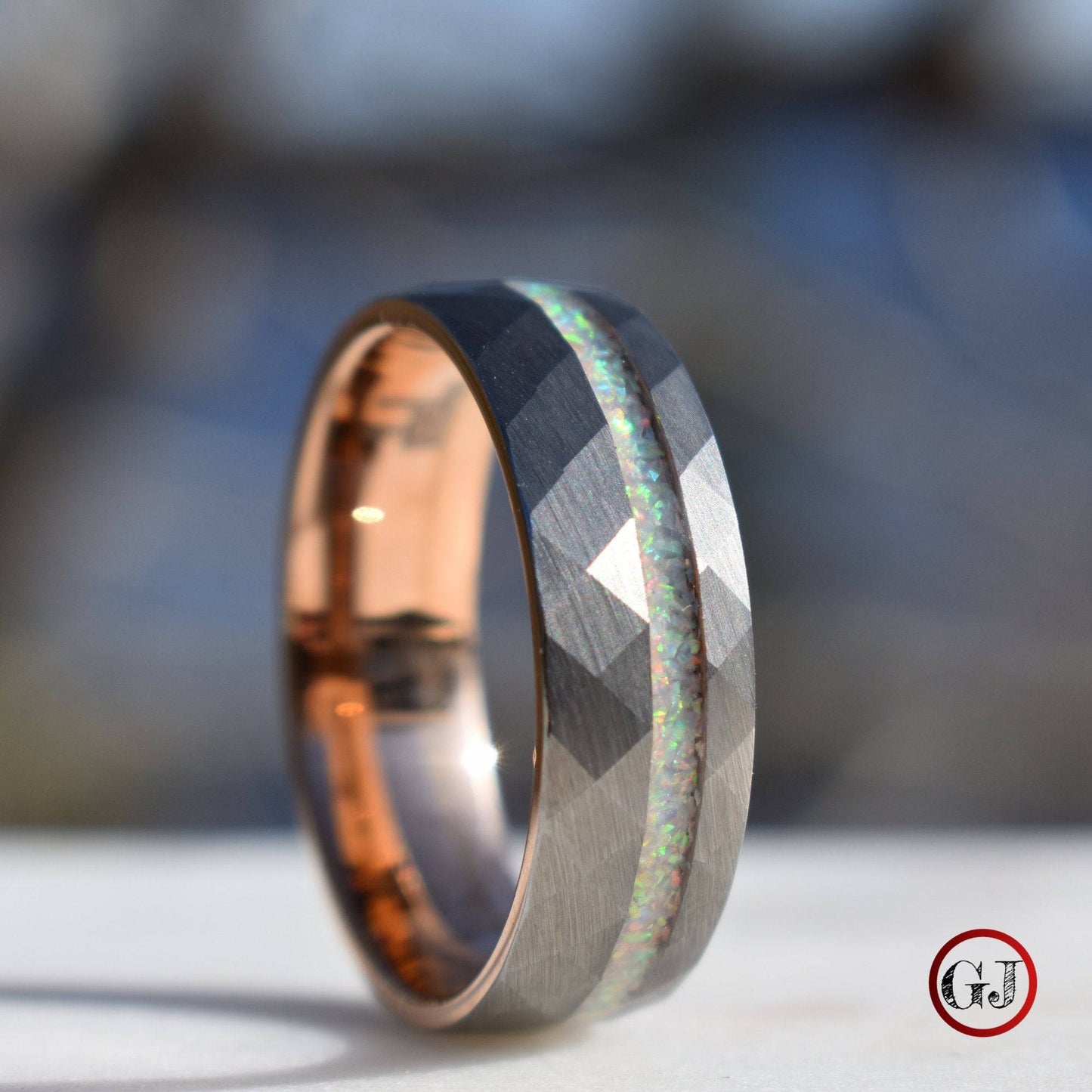 Tungsten 8mm Hammered Ring with Crushed Opal and Rose Gold Inner Band - Tungsten Titans