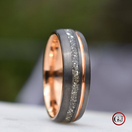 Tungsten 8mm Ring Grey with Rose Gold Accent and German Glass - Tungsten Titans