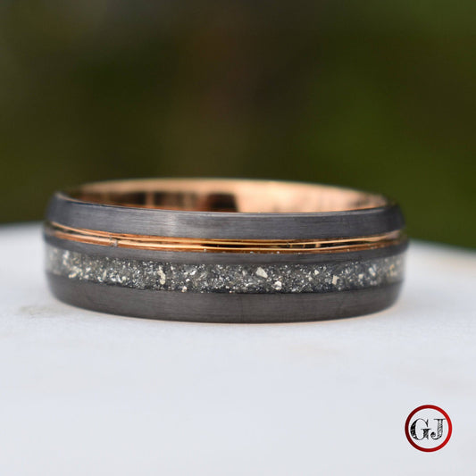 Tungsten 8mm Ring Grey with Rose Gold Accent and German Glass - Tungsten Titans
