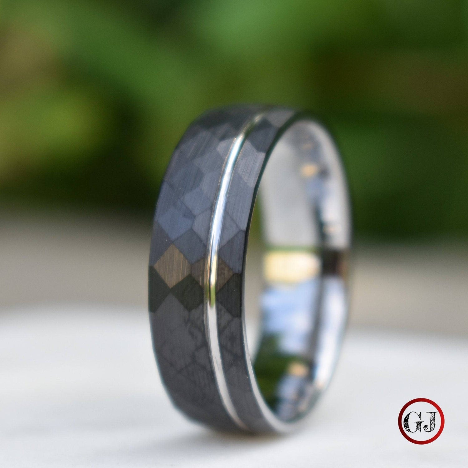 Hammered 8mm Black Tungsten Ring with Silver Accent – Tungsten Titans