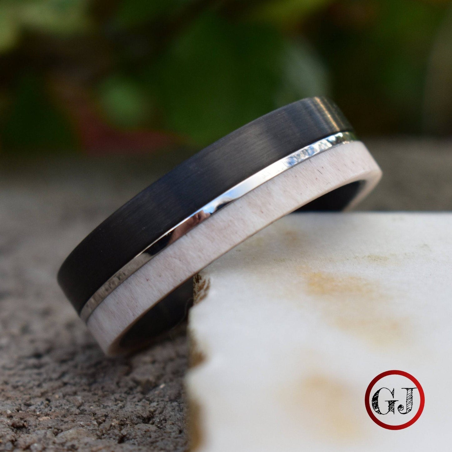 Deer Antler and Brushed Black Tungsten Ring with Polished Silver Tungsten Center - Tungsten Titans