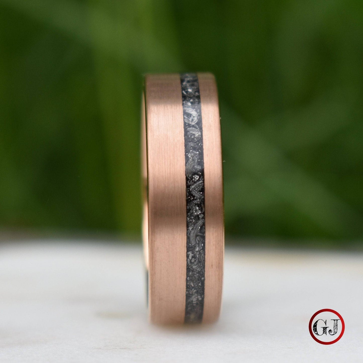 Tungsten 8mm Ring Rose Gold with Black Druzy Quartz and Iron Inlay, Mens Ring, Mens Wedding Band - Tungsten Titans