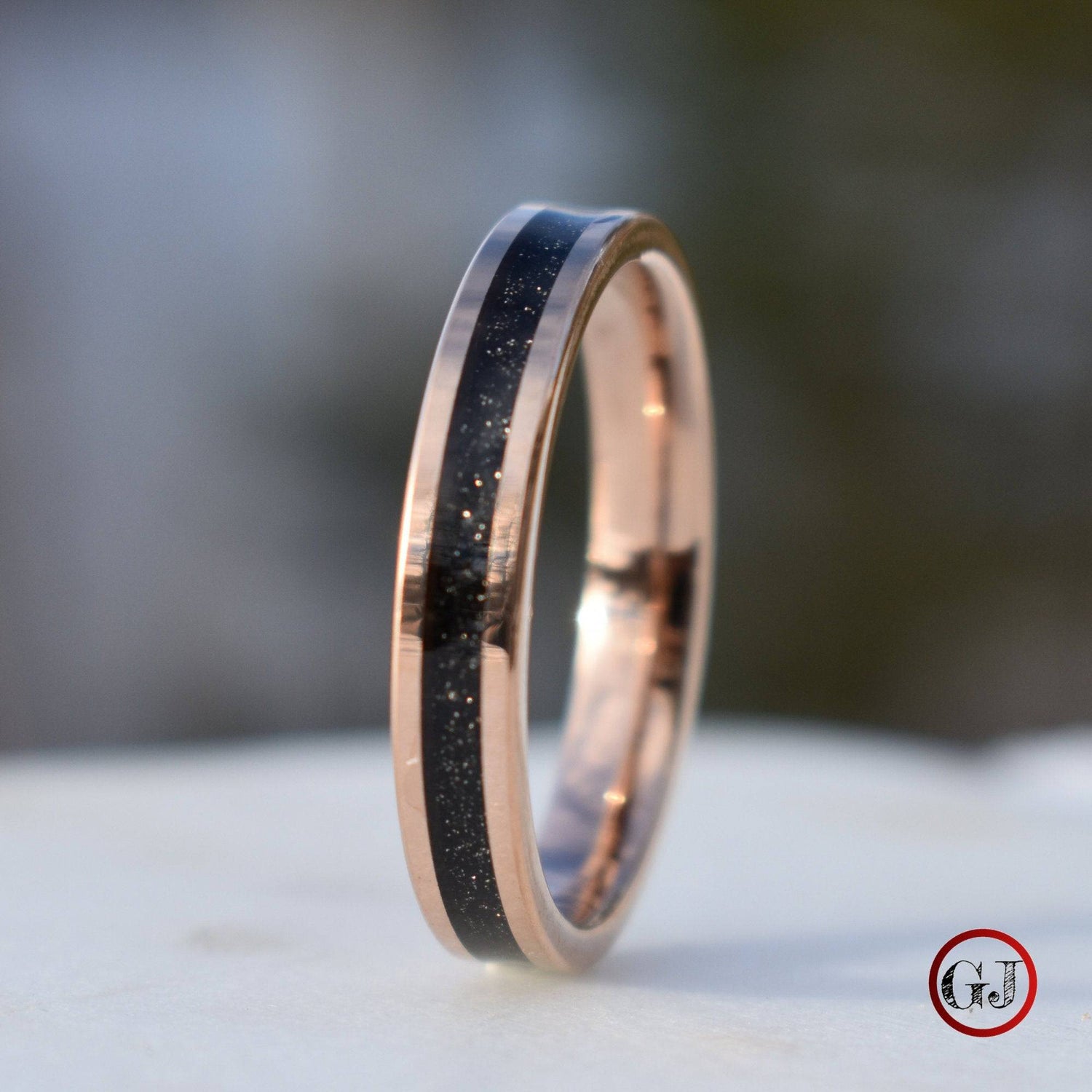 Tungsten Rose Gold Ring Black Druzy Quartz Wedding Band – Tungsten
