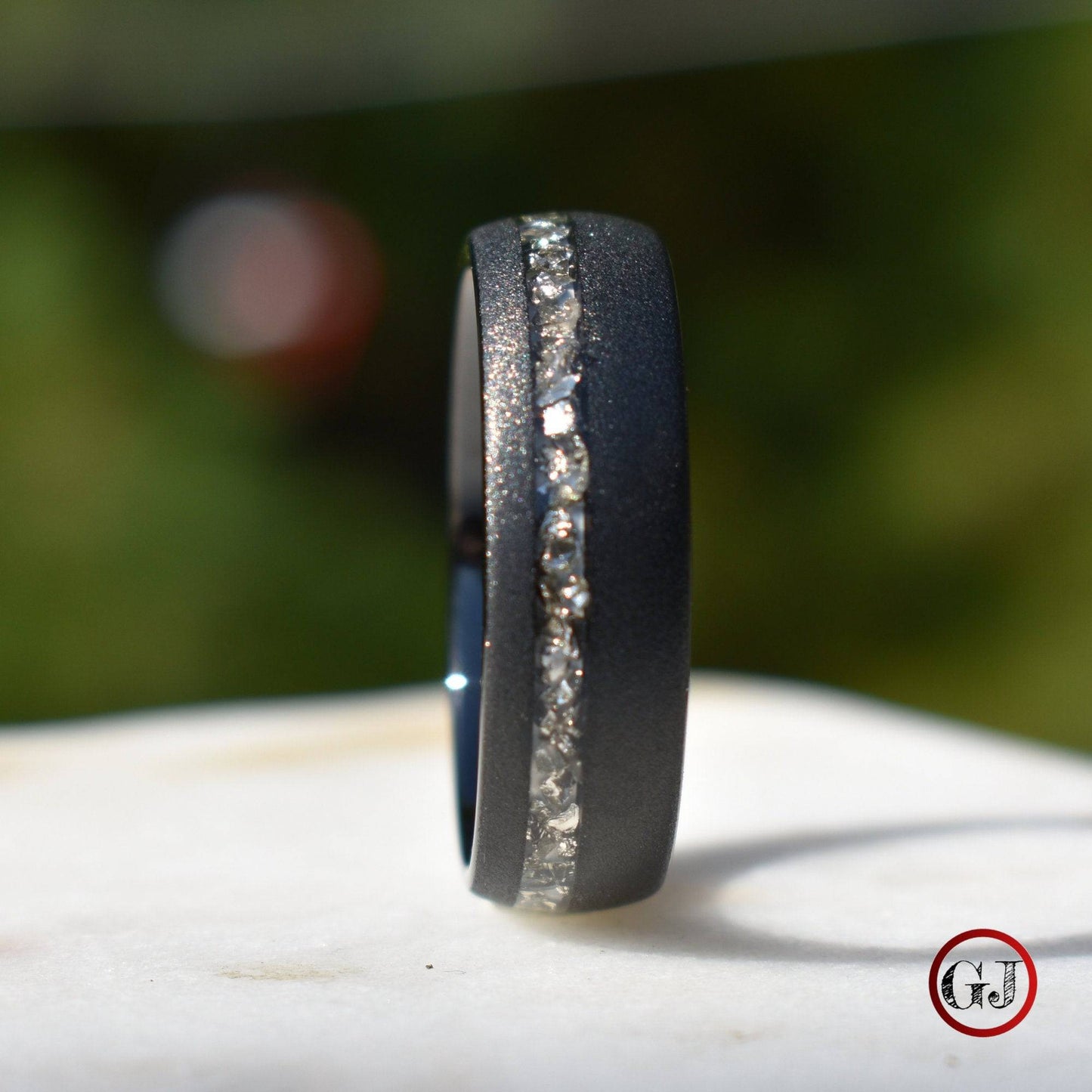 Tungsten 8mm Ring Black Sandblasted with German Silver Glass - Tungsten Titans
