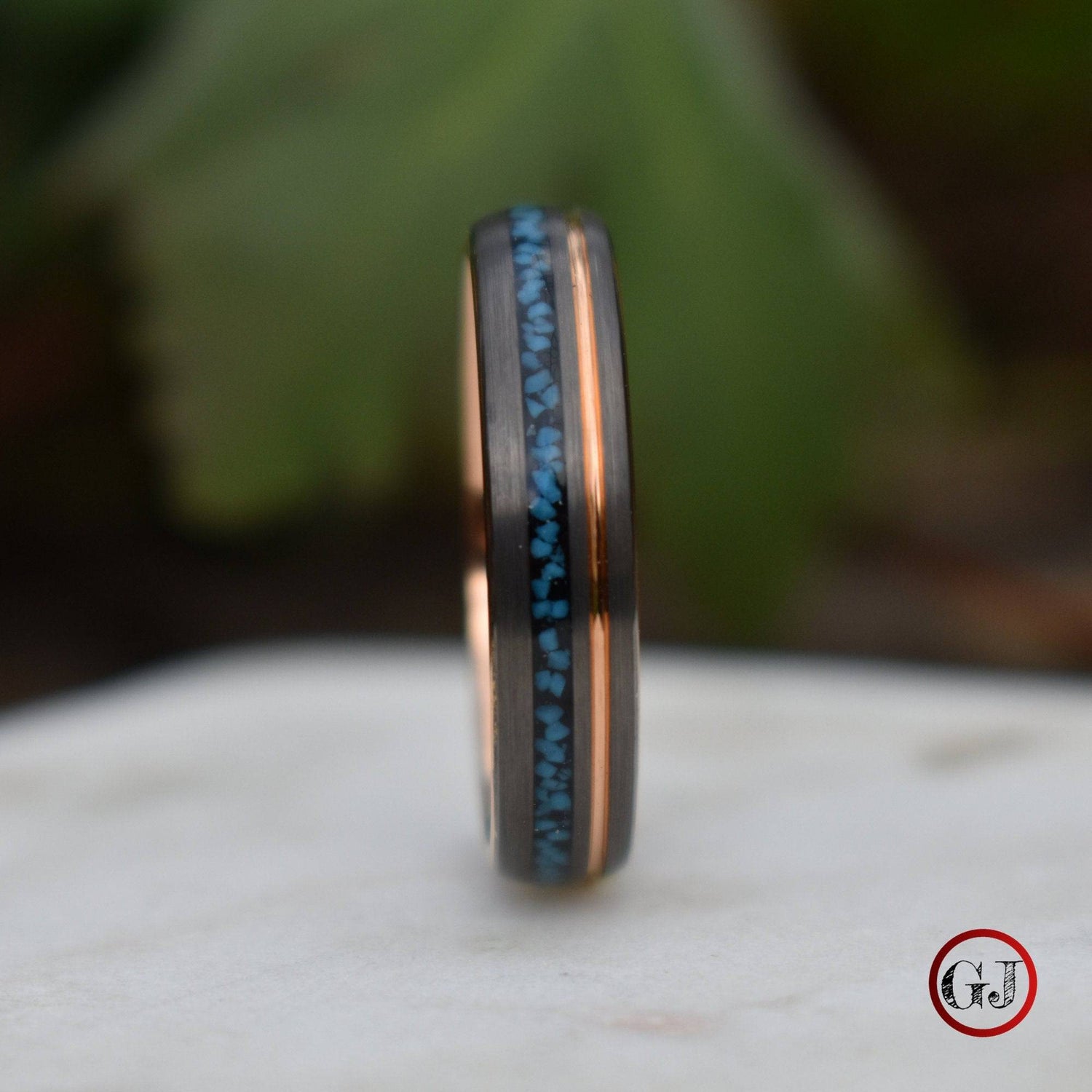 Tungsten 6mm Ring Grey with Rose Gold Accent and Crushed Turquoise - Tungsten Titans