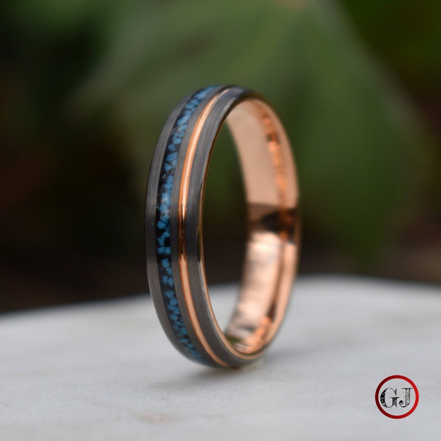 Tungsten 6mm Ring Grey with Rose Gold Accent and Crushed Turquoise - Tungsten Titans