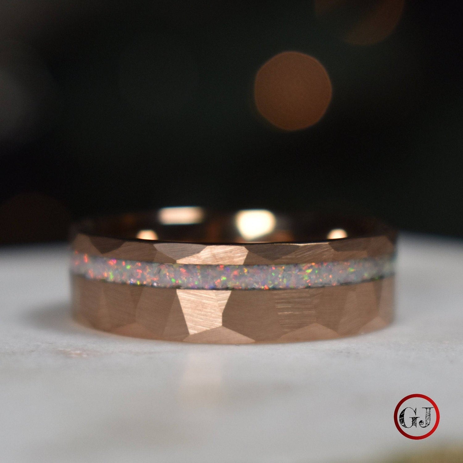 Tungsten 8mm Hammered Rose Gold Ring with Crushed Opal Centre - Tungsten Titans