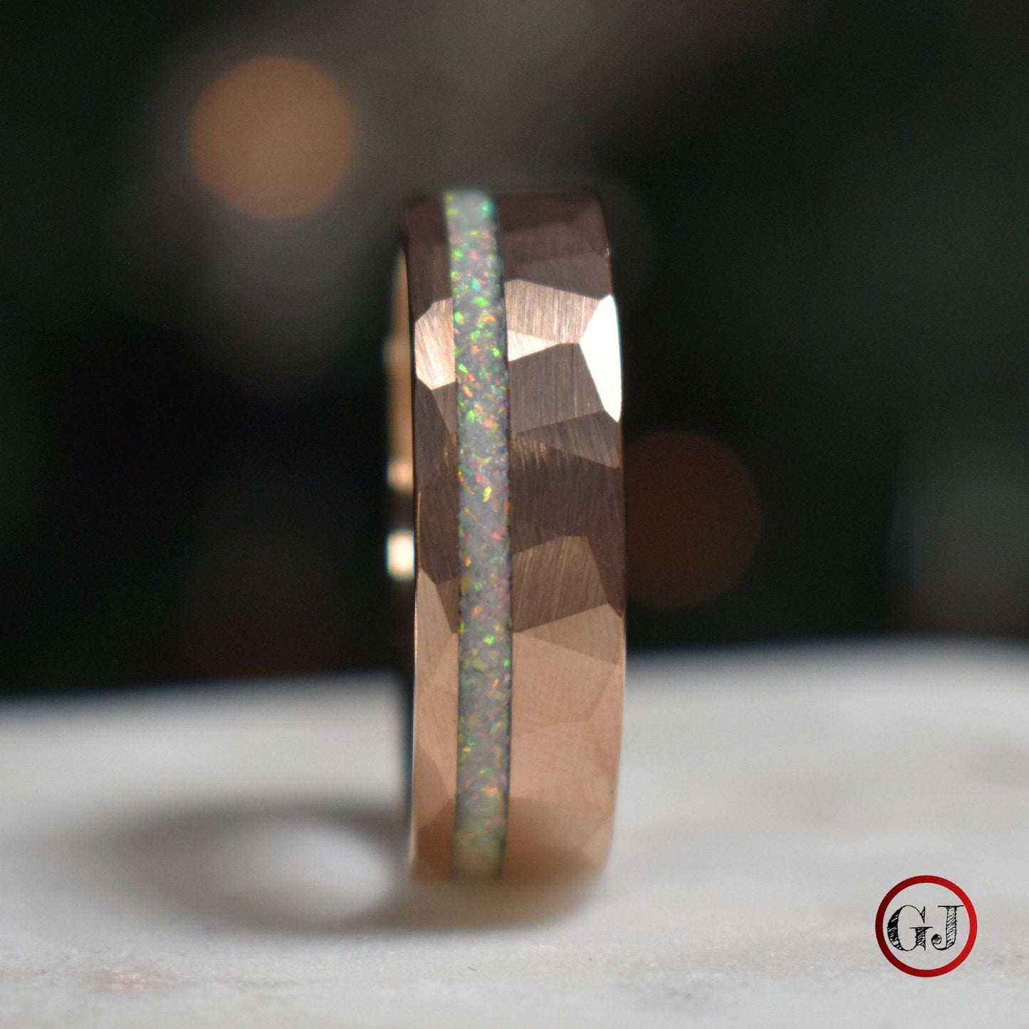 Tungsten 8mm Hammered Rose Gold Ring with Crushed Opal Centre - Tungsten Titans