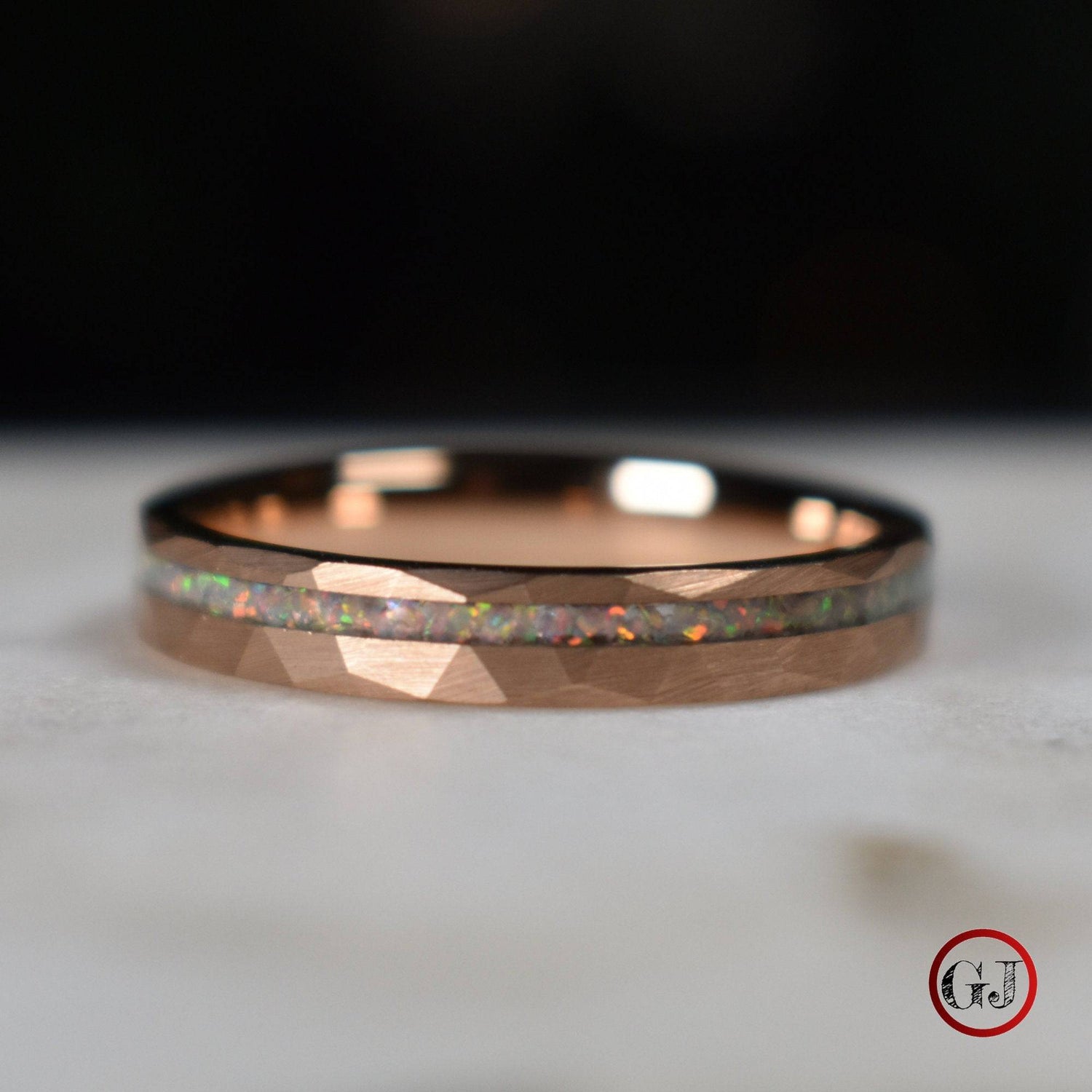 Tungsten 4mm Hammered Rose Gold Ring with Crushed Opal Centre - Tungsten Titans