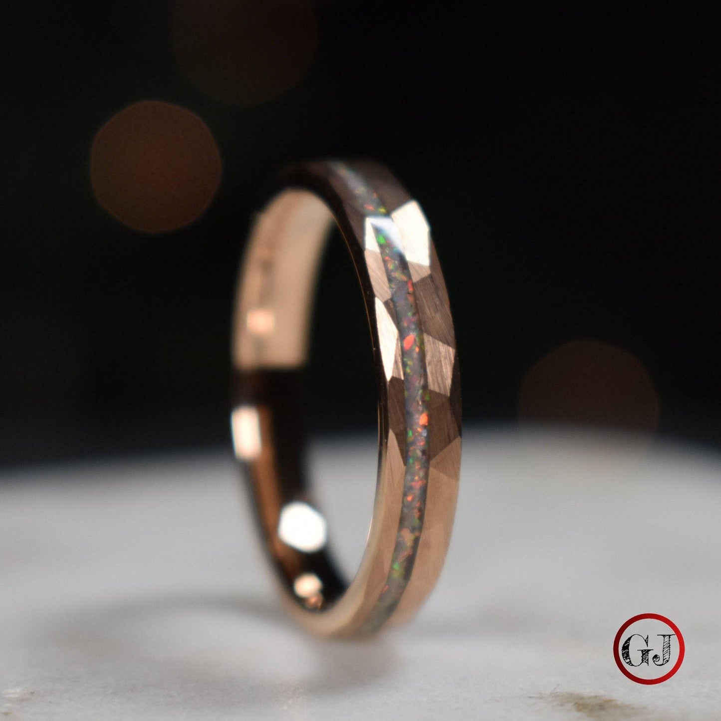 Tungsten 4mm Hammered Rose Gold Ring with Crushed Opal Centre - Tungsten Titans
