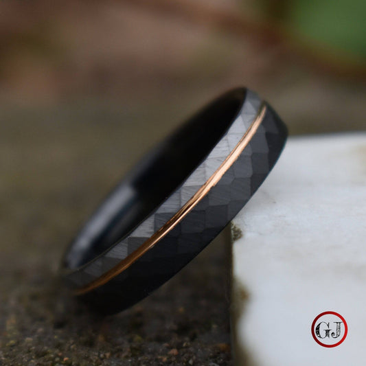 Hammered 6mm Tungsten Ring Black and Silver Brushed with Rose Gold Accent - Tungsten Titans