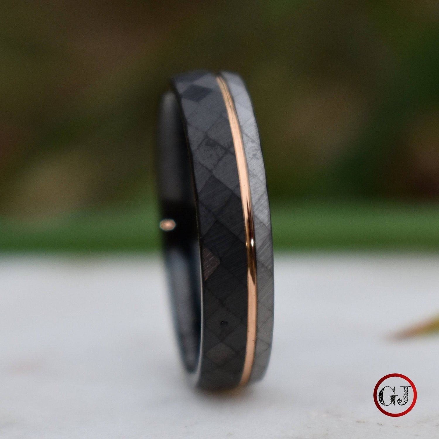 Hammered 6mm Tungsten Ring Black and Silver Brushed with Rose Gold Accent - Tungsten Titans