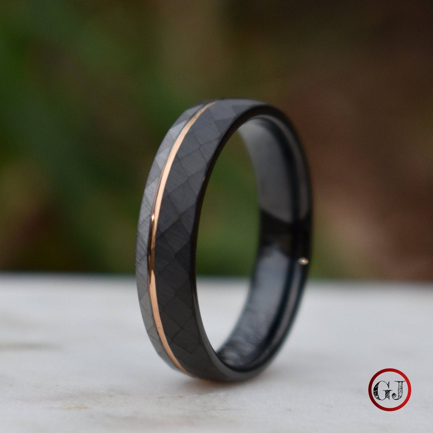Hammered 6mm Tungsten Ring Black and Silver Brushed with Rose Gold Accent - Tungsten Titans