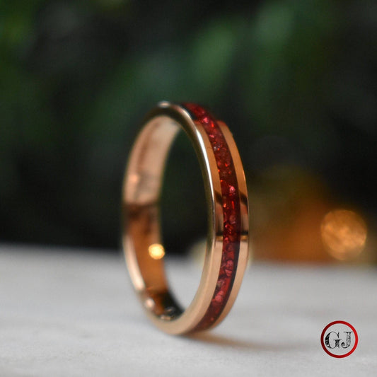 Tungsten 4mm Rose Gold Ring German Ruby Red Glass Wedding Band - Tungsten Titans