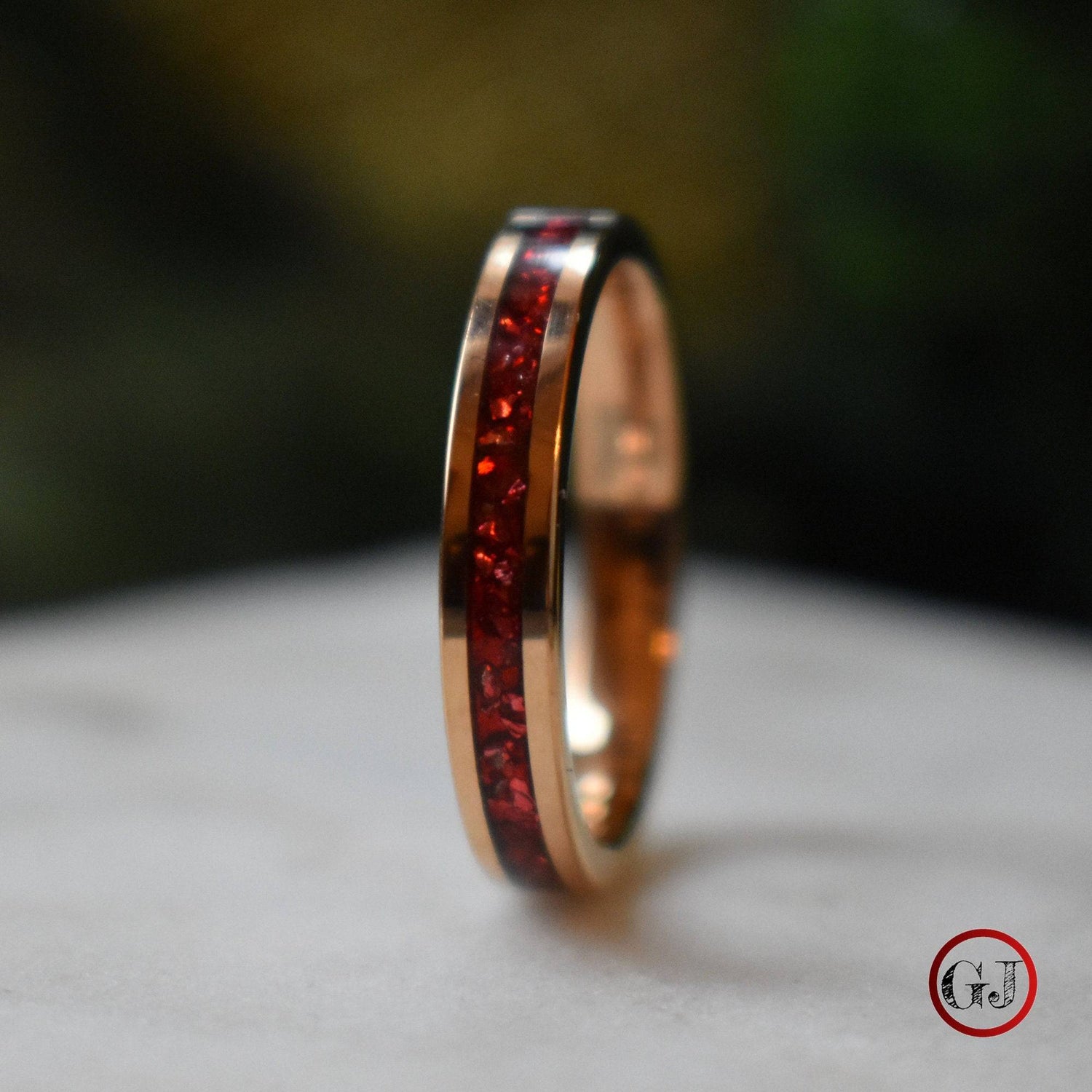 Tungsten 4mm Rose Gold Ring German Ruby Red Glass Wedding Band - Tungsten Titans