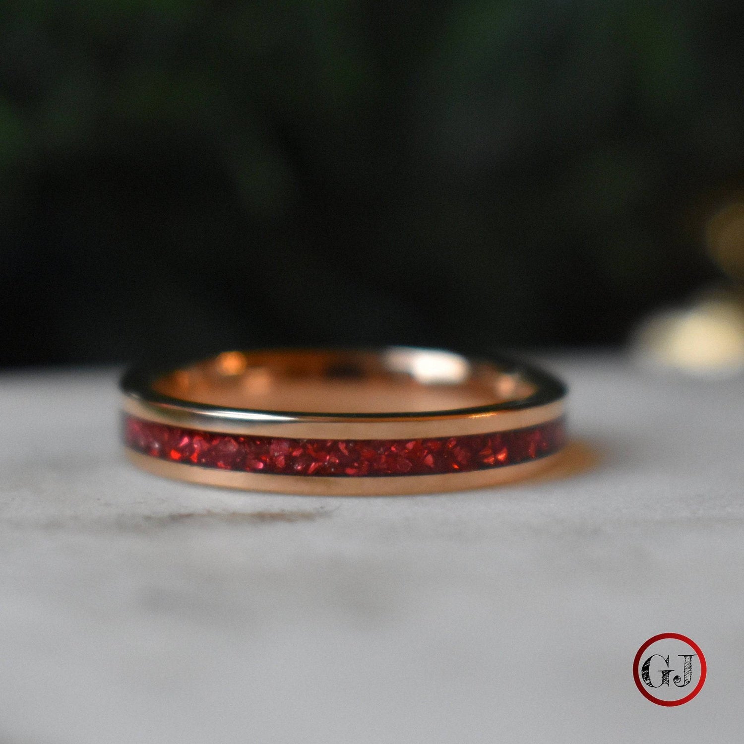 Tungsten 4mm Rose Gold Ring German Ruby Red Glass Wedding Band - Tungsten Titans