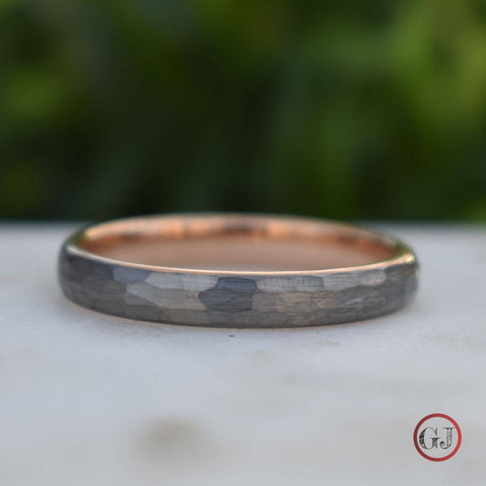 Hammered Tungsten 4mm Ring with Rose Gold Band - Tungsten Titans