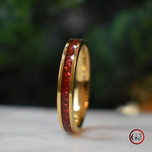 Tungsten 4mm Yellow Gold Ring German Ruby Red Glass Wedding Band - Tungsten Titans