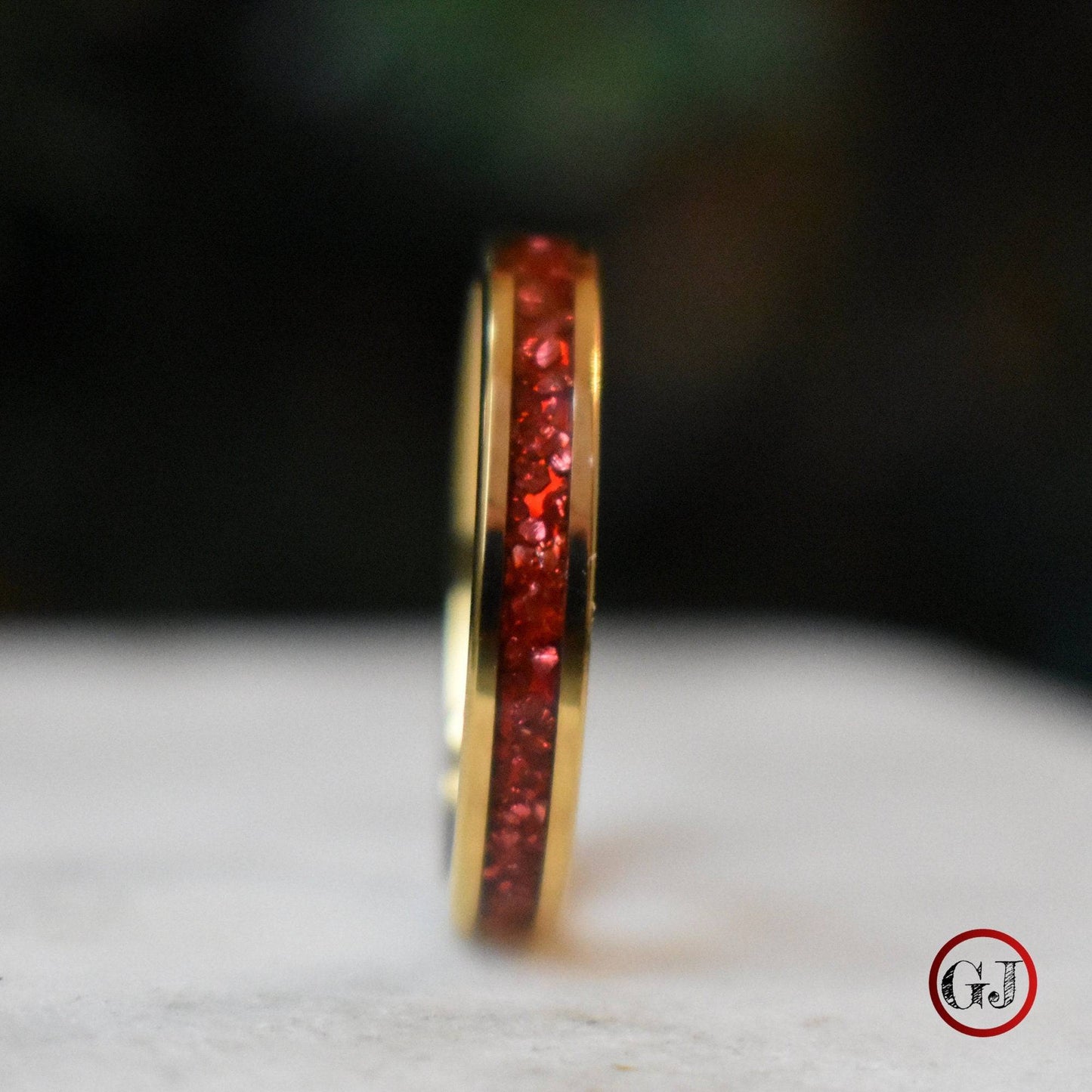 Tungsten 4mm Yellow Gold Ring German Ruby Red Glass Wedding Band - Tungsten Titans