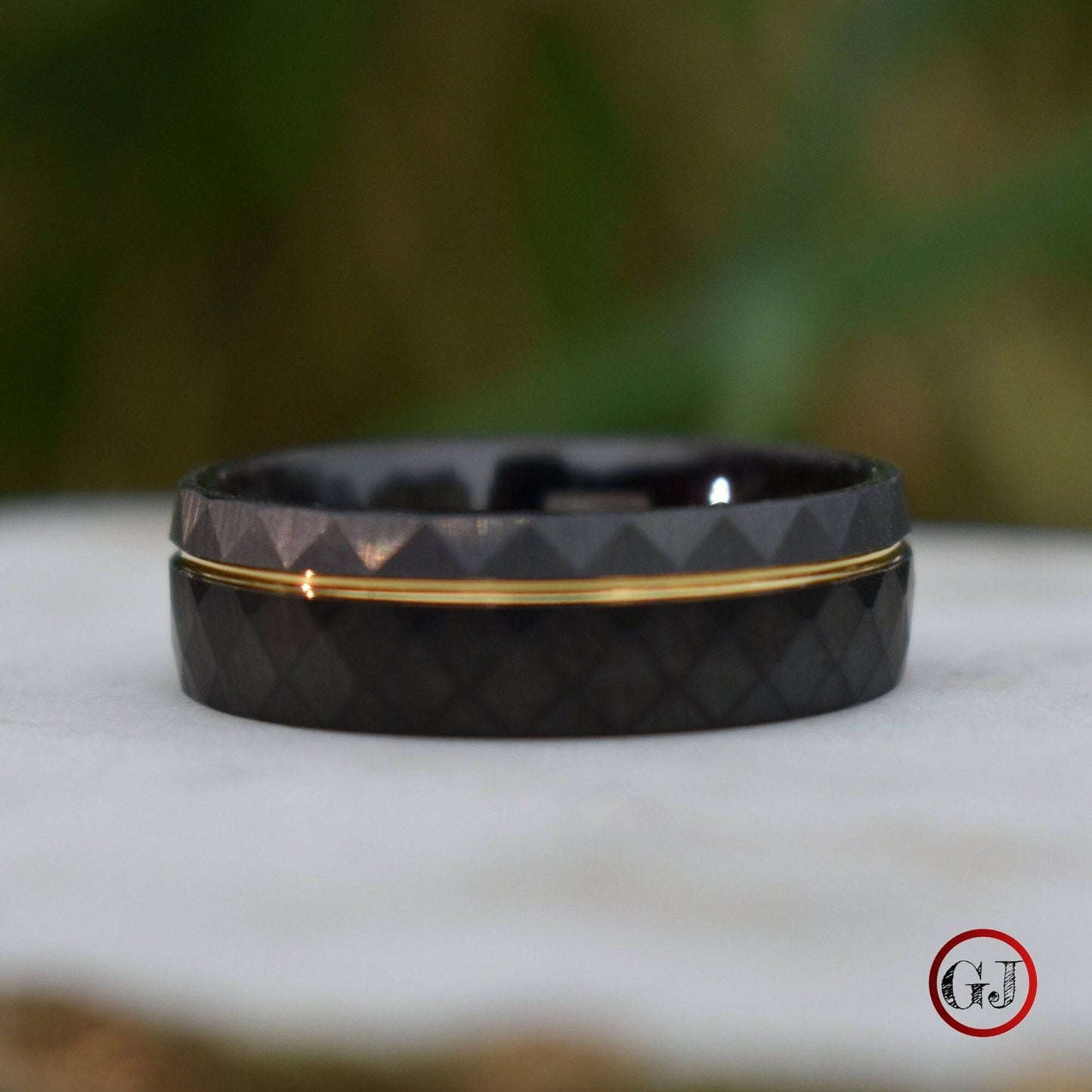 Hammered Tungsten Ring Black and Silver Brushed with Gold Accent - Tungsten Titans