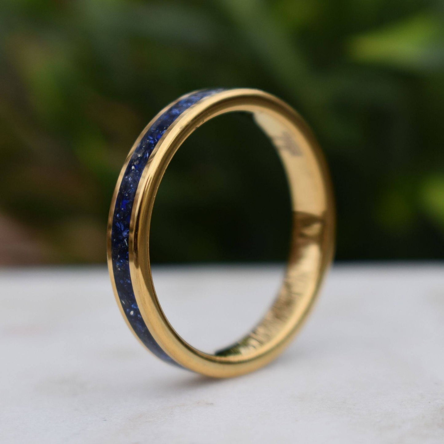 Tungsten 4mm Yellow Gold Ring Blue Sapphire German Glass Wedding Band - Tungsten Titans