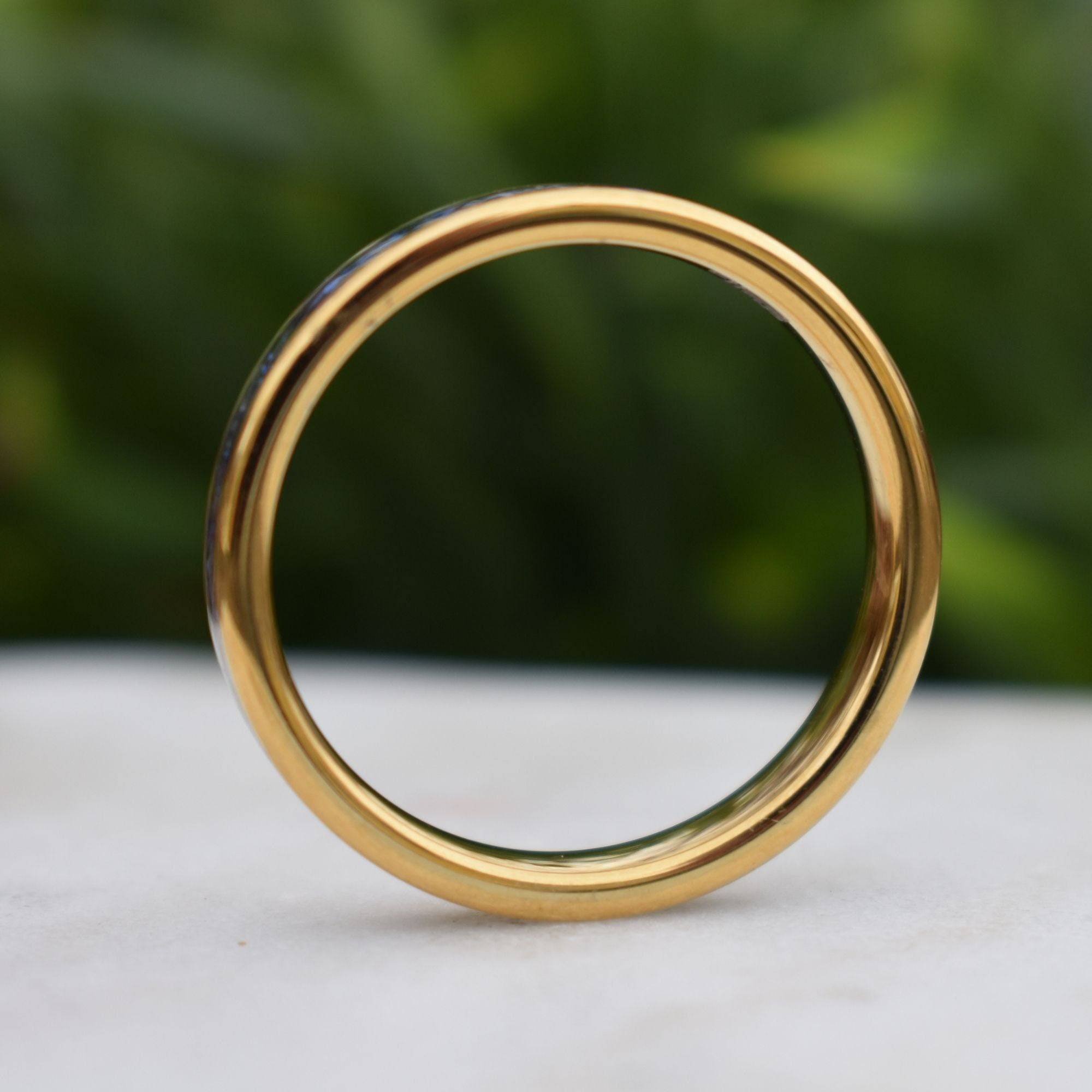 Tungsten 4mm Yellow Gold Ring Blue Sapphire German Glass Wedding Band - Tungsten Titans